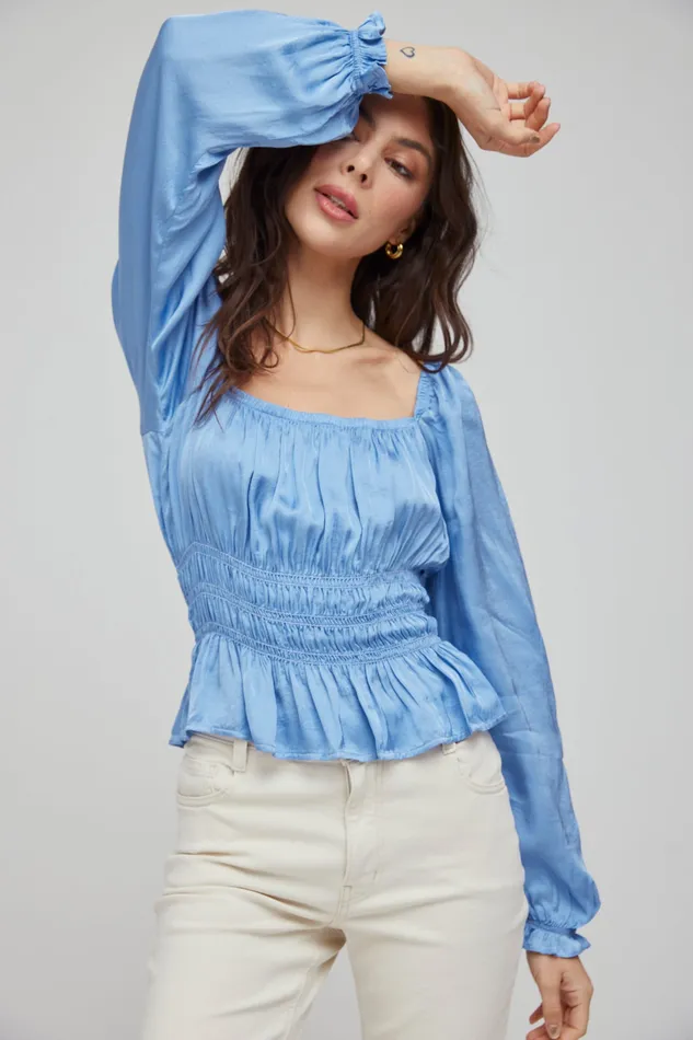 Women Bella Dahl Long Sleeve Smocked Long Sleeve Puff Sleeve Top 8211 Soft Indigo SOFT INDIGO