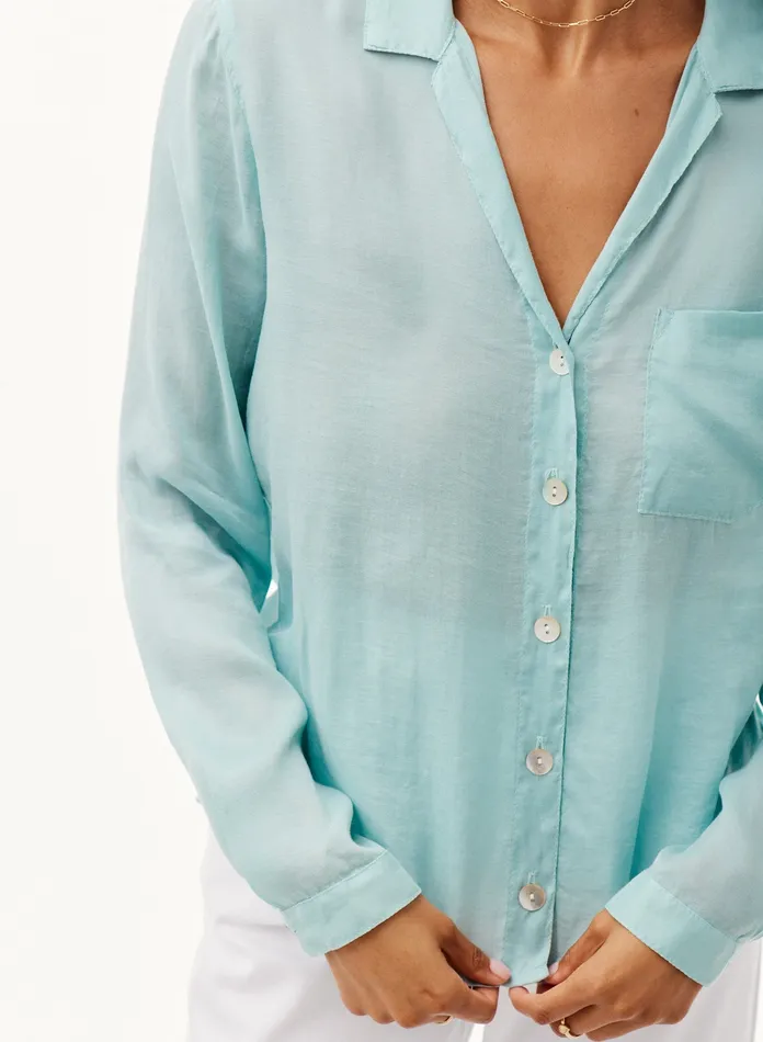 Women Bella Dahl Long Sleeve Tencel Pocket Button Down Top 8211 Aegean Teal AEGEAN TEAL