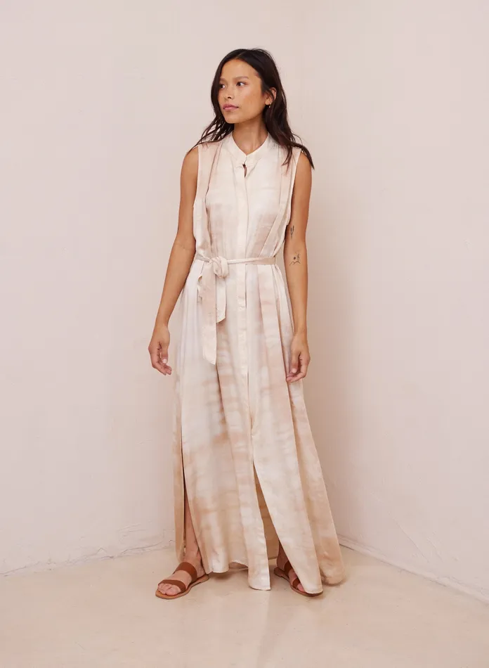 Women Bella Dahl Maxi Dresses Satin Side Slit Maxi Dress 8211 Dune Dye DUNE DYE