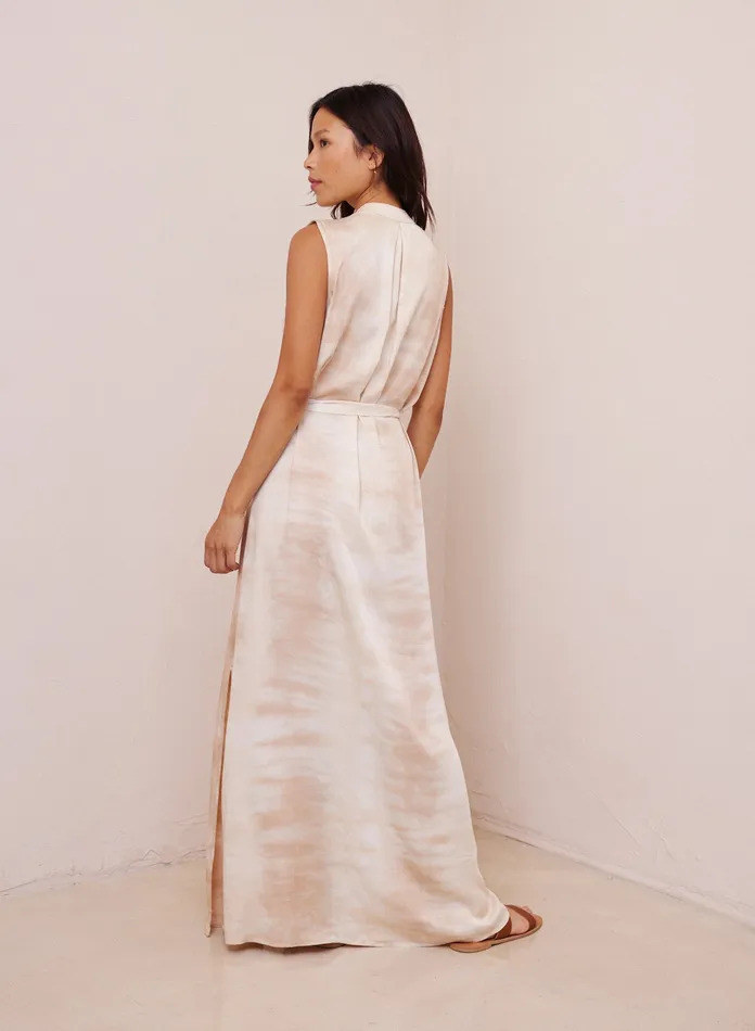 Women Bella Dahl Maxi Dresses Satin Side Slit Maxi Dress 8211 Dune Dye DUNE DYE