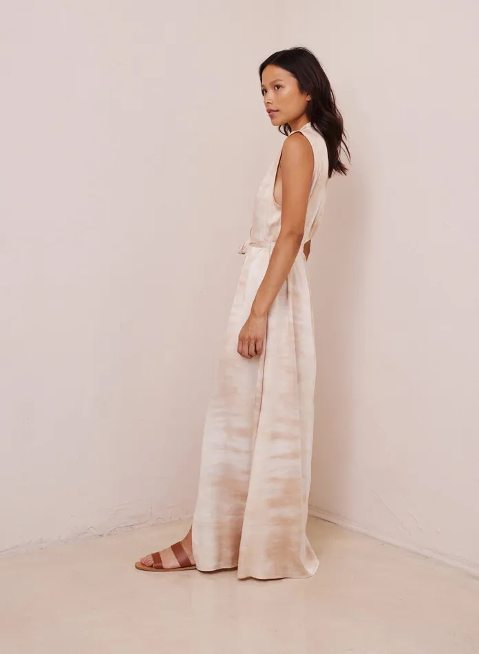 Women Bella Dahl Maxi Dresses Satin Side Slit Maxi Dress 8211 Dune Dye DUNE DYE