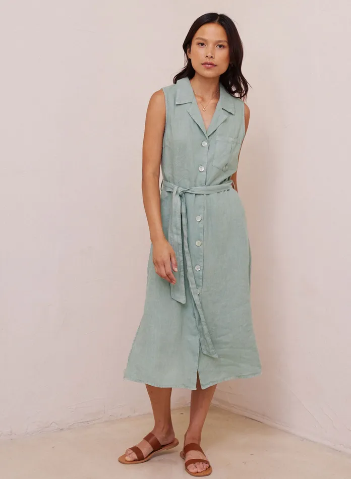 Women Bella Dahl Midi Dresses Belted Utility Linen Dress 8211 Oasis Green OASIS GREEN