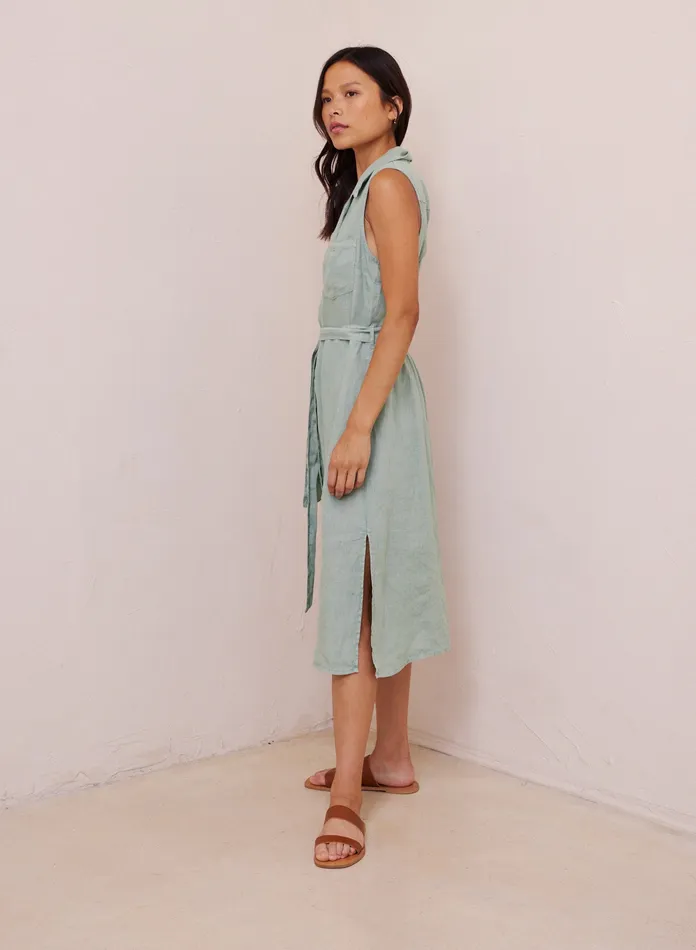 Women Bella Dahl Midi Dresses Belted Utility Linen Dress 8211 Oasis Green OASIS GREEN