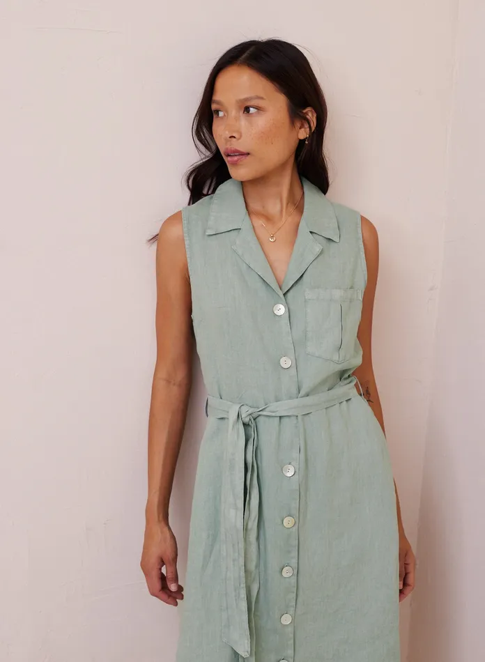 Women Bella Dahl Midi Dresses Belted Utility Linen Dress 8211 Oasis Green OASIS GREEN