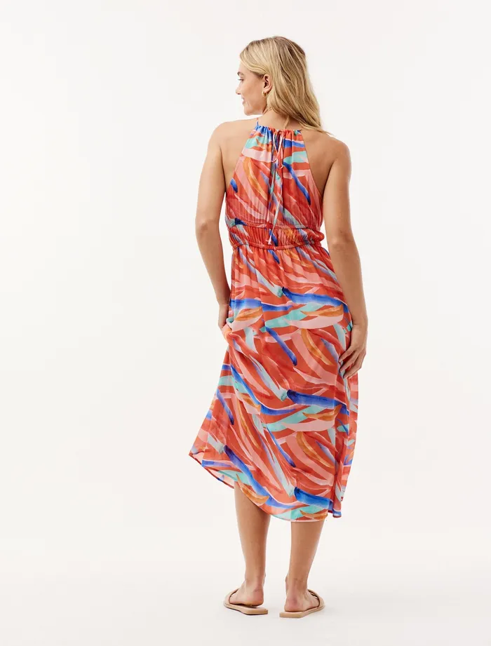 Women Bella Dahl Midi Dresses Halter Elastic Waist Midi Dress 8211 Paradiso Print PARADISO PRINT