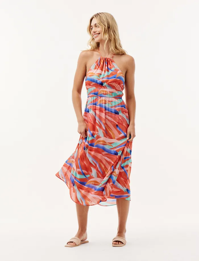 Women Bella Dahl Midi Dresses Halter Elastic Waist Midi Dress 8211 Paradiso Print PARADISO PRINT