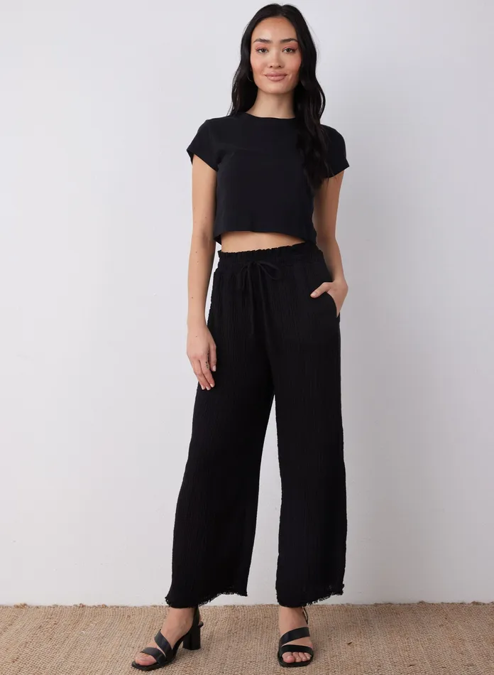 Women Bella Dahl Pants Smocked Ruffle Waist Wide Leg Crop 8211 Black BLACK