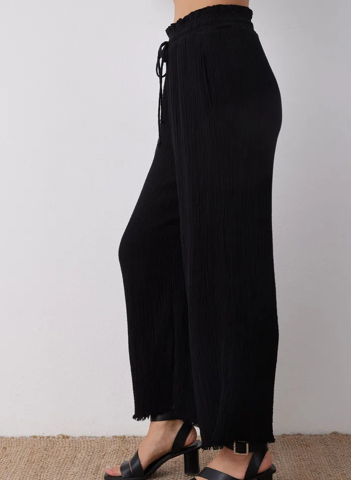 Women Bella Dahl Pants Smocked Ruffle Waist Wide Leg Crop 8211 Black BLACK