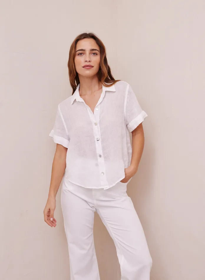 Women Bella Dahl Short Sleeve Cuffed Linen Short Sleeve Shirt 8211 White WHITE