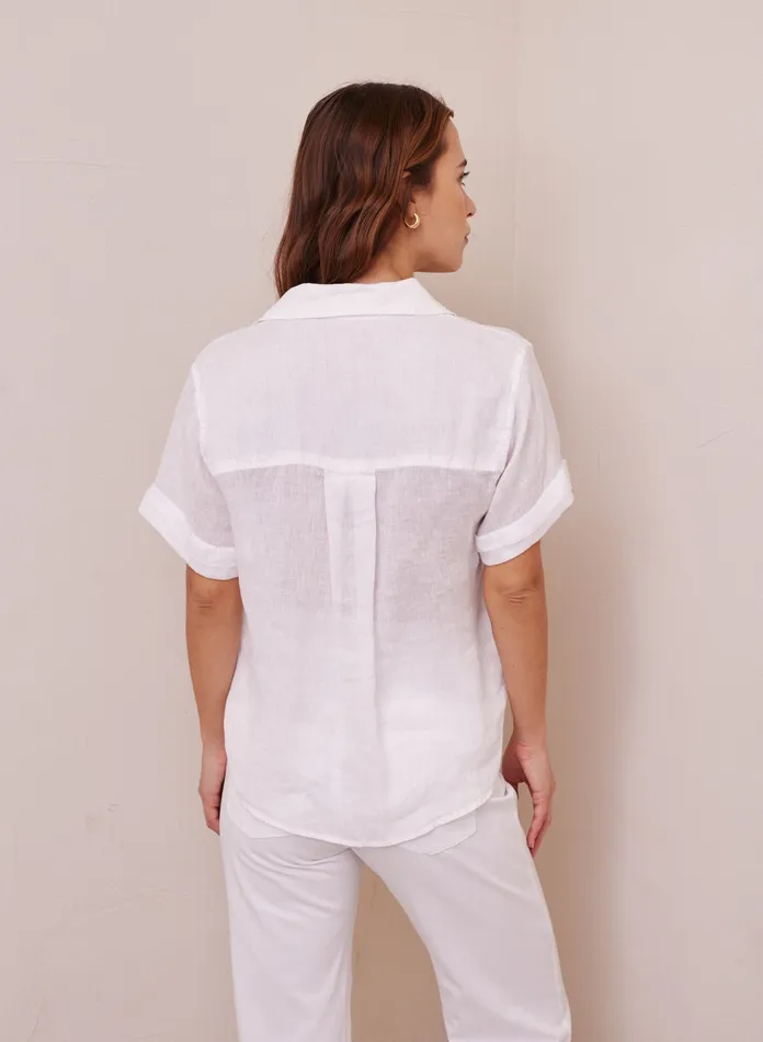 Women Bella Dahl Short Sleeve Cuffed Linen Short Sleeve Shirt 8211 White WHITE