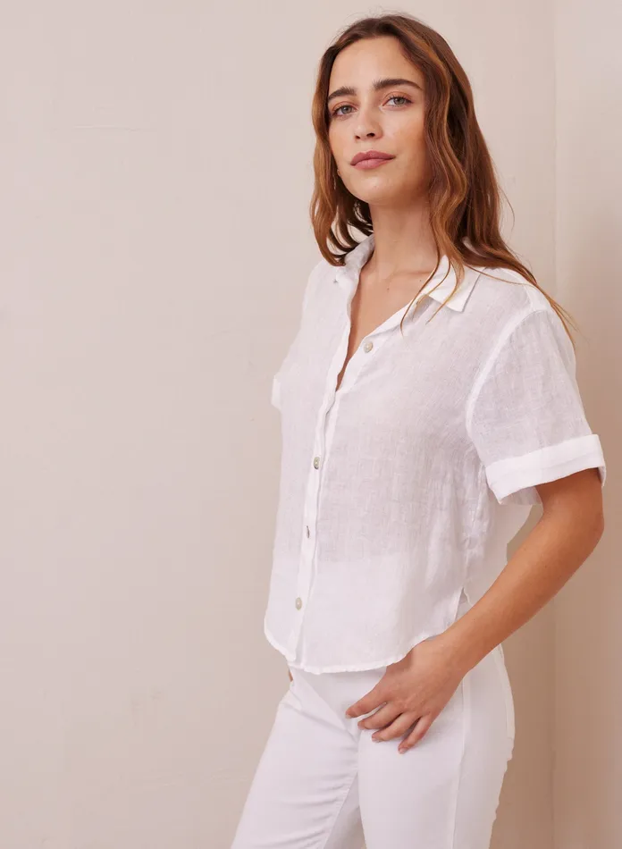 Women Bella Dahl Short Sleeve Cuffed Linen Short Sleeve Shirt 8211 White WHITE