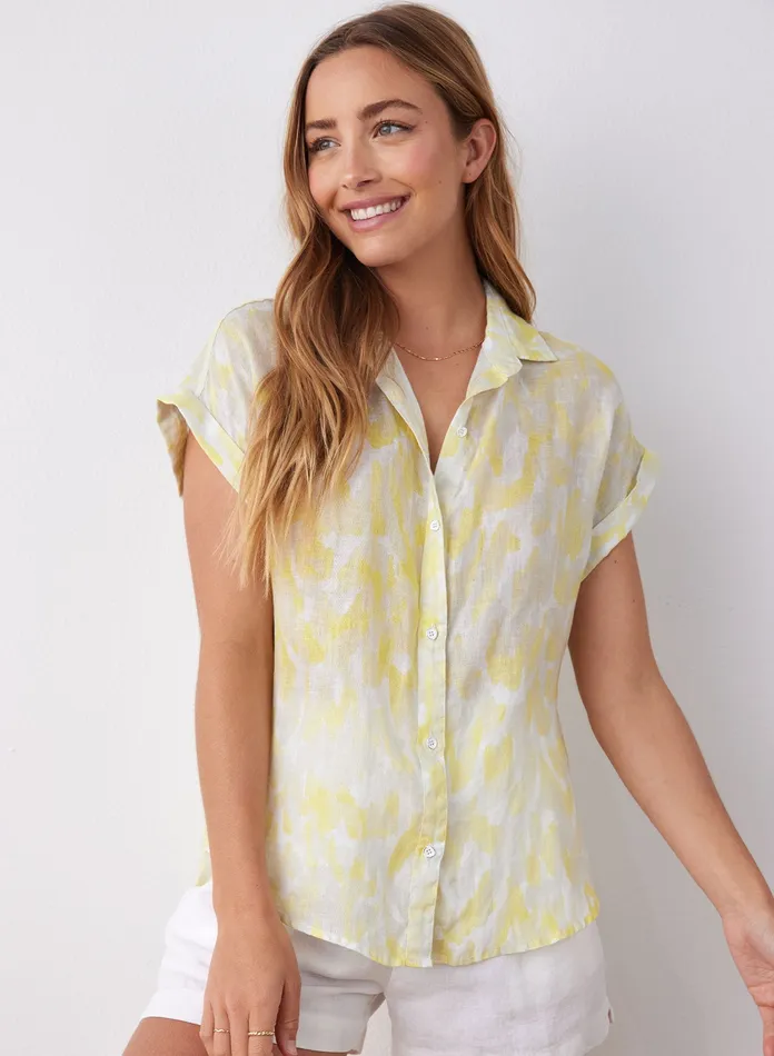 Women Bella Dahl Short Sleeve Linen Printed Button Down 8211 Layered Spots Print LAYERED SPOTS PRINT