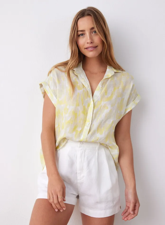 Women Bella Dahl Short Sleeve Linen Printed Button Down 8211 Layered Spots Print LAYERED SPOTS PRINT