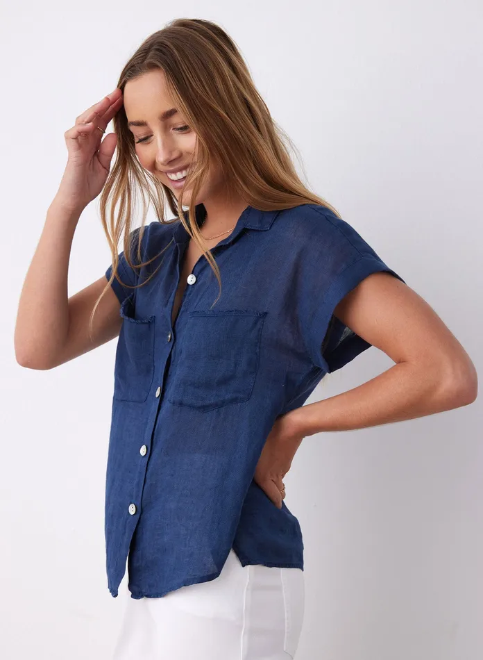 Women Bella Dahl Short Sleeve Linen Two Pocket Short Sleeve Shirt 8211 Summer Night SUMMER NIGHT