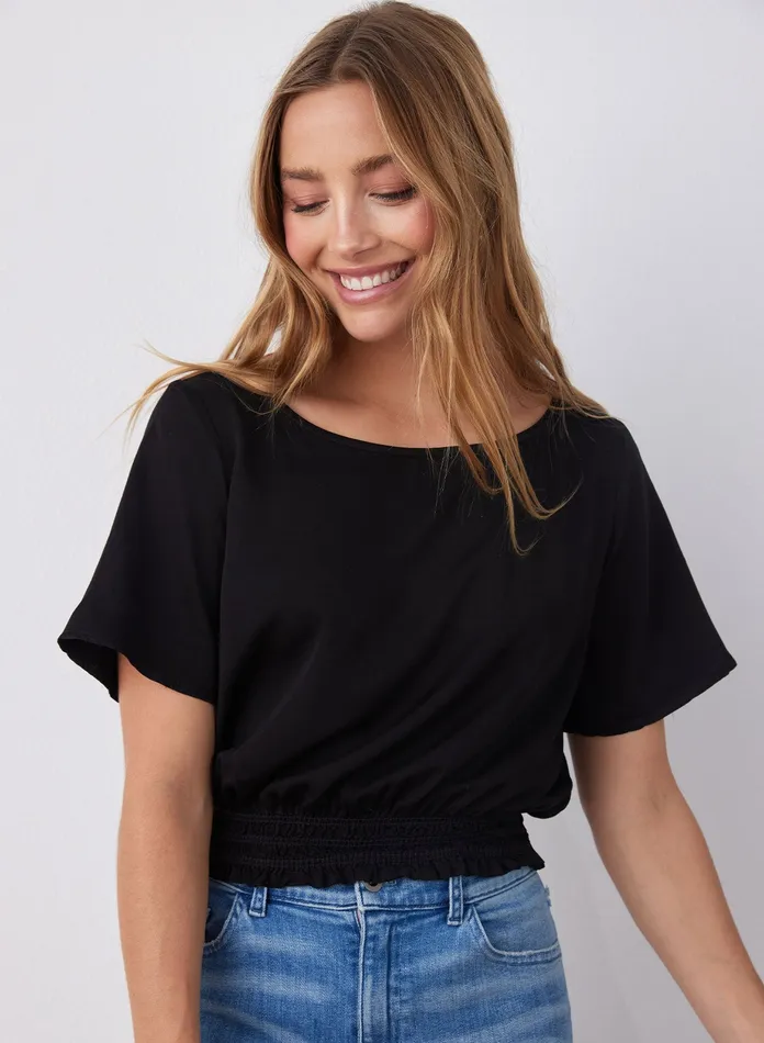 Women Bella Dahl Short Sleeve Satin Smocked Waist Top 8211 Black BLACK