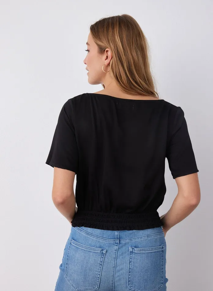Women Bella Dahl Short Sleeve Satin Smocked Waist Top 8211 Black BLACK
