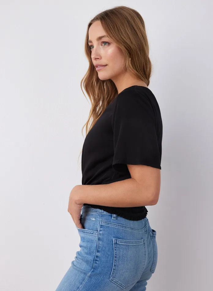 Women Bella Dahl Short Sleeve Satin Smocked Waist Top 8211 Black BLACK