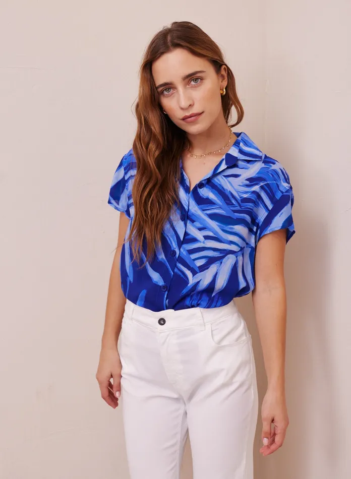 Women Bella Dahl Short Sleeve Side Slit Short Sleeve Shirt 8211 Bayside Palm Print BAYSIDE PALM PRINT