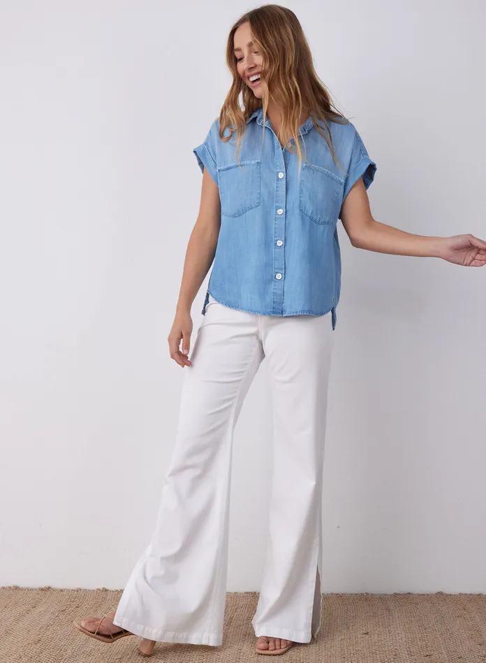 Women Bella Dahl Short Sleeve Two Pocket Short Sleeve Shirt 8211 Caribbean Wash CARIBBEAN WASH