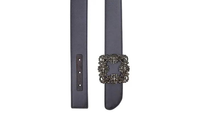 Women Belts Manolo Blahnik HANGISI BELT BlueGrey Satin Crystal Buckled Belt