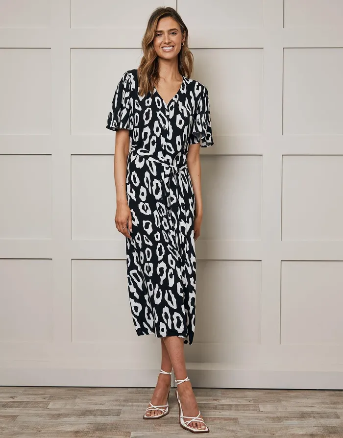Women Black Abstract Animal Print Flutter Sleeve Midi Dress Black Threadbare Workwear Women Black Abstract Animal Print Flutter Sleeve Midi Dress Black Threadbare Workwear