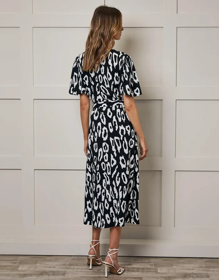 Women Black Abstract Animal Print Flutter Sleeve Midi Dress Black Threadbare Workwear Women Black Abstract Animal Print Flutter Sleeve Midi Dress Black Threadbare Workwear
