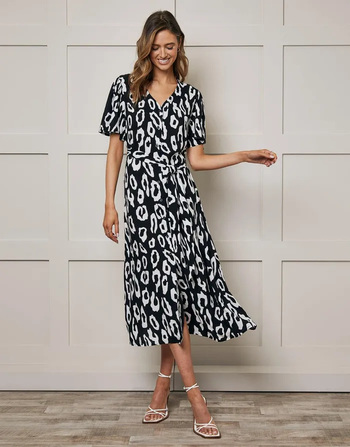 Women Black Abstract Animal Print Flutter Sleeve Midi Dress Black Threadbare Workwear Women Black Abstract Animal Print Flutter Sleeve Midi Dress Black Threadbare Workwear