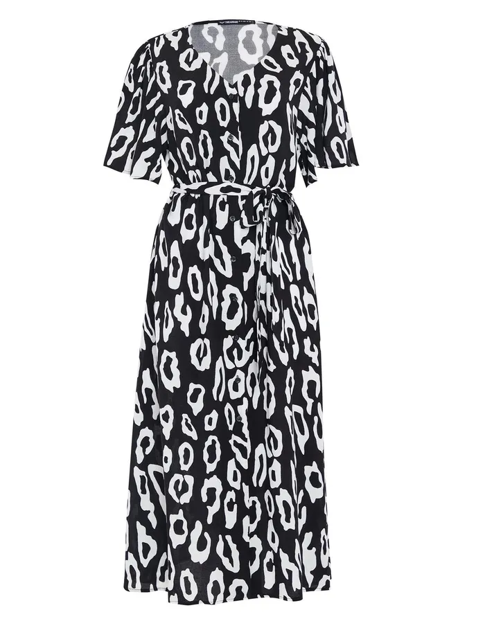 Women Black Abstract Animal Print Flutter Sleeve Midi Dress Black Threadbare Workwear Women Black Abstract Animal Print Flutter Sleeve Midi Dress Black Threadbare Workwear