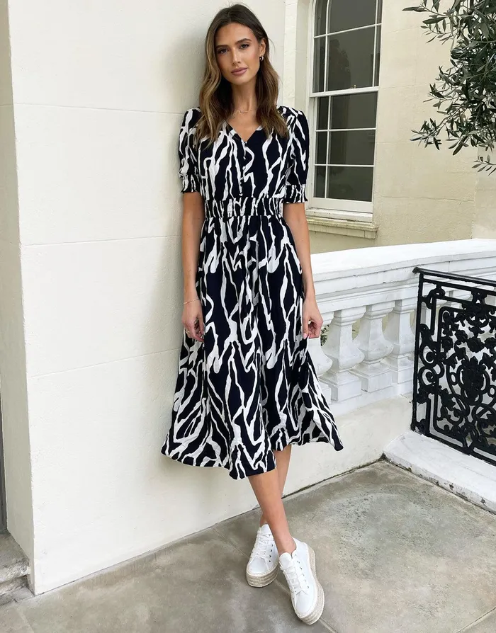 Women Black Abstract Print Button Down Front Midi Dress Black Threadbare Dresses Women Black Abstract Print Button Down Front Midi Dress Black Threadbare Dresses