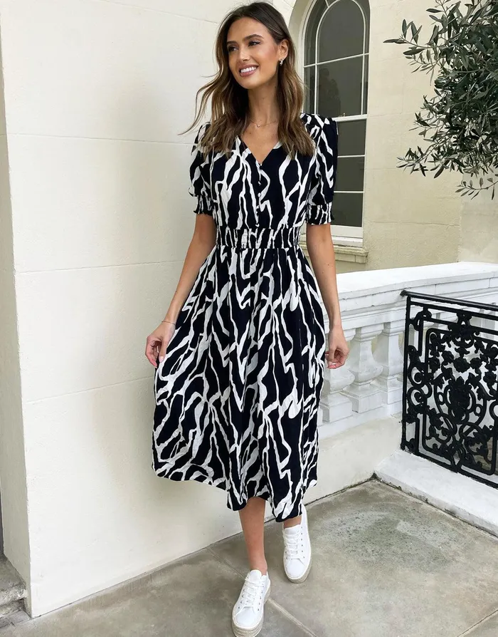 Women Black Abstract Print Button Down Front Midi Dress Black Threadbare Dresses Women Black Abstract Print Button Down Front Midi Dress Black Threadbare Dresses