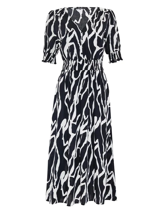 Women Black Abstract Print Button Down Front Midi Dress Black Threadbare Dresses Women Black Abstract Print Button Down Front Midi Dress Black Threadbare Dresses