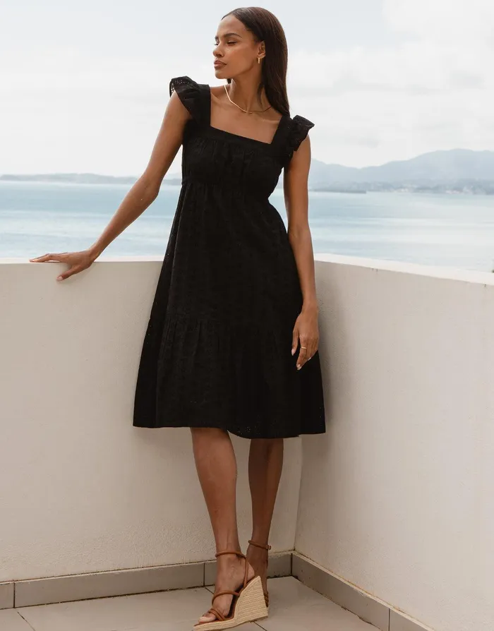 Women Black Broderie Anglaise Frill Sleeve Tiered Midi Smock Dress Black Threadbare Dresses Women Black Broderie Anglaise Frill Sleeve Tiered Midi Smock Dress Black Threadbare Dresses