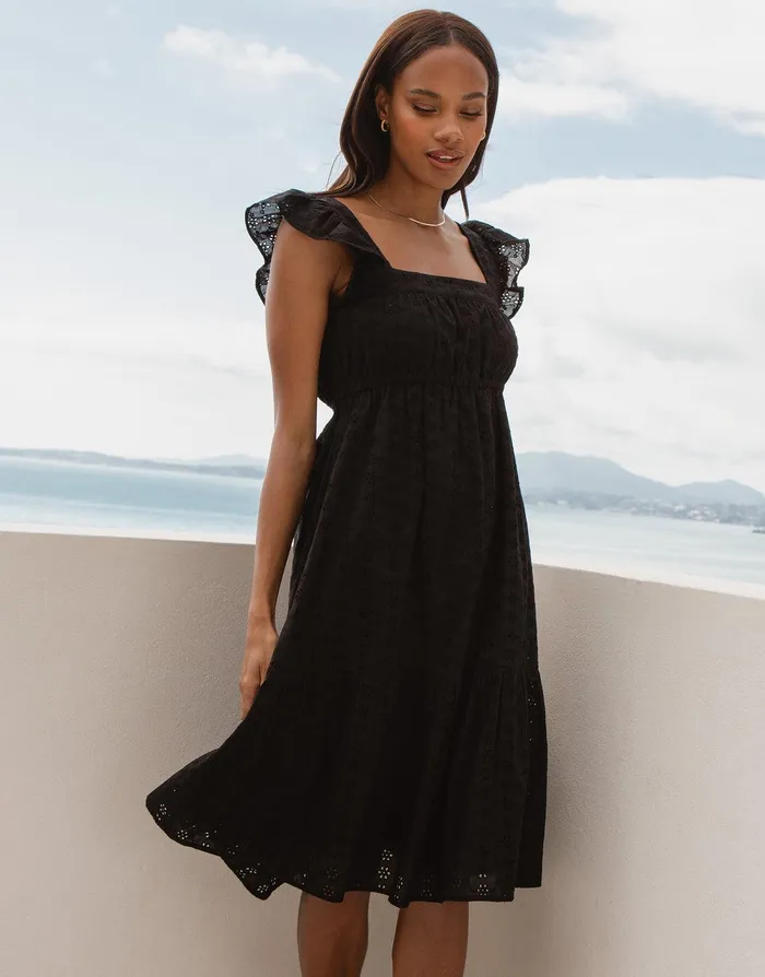 Women Black Broderie Anglaise Frill Sleeve Tiered Midi Smock Dress Black Threadbare Dresses Women Black Broderie Anglaise Frill Sleeve Tiered Midi Smock Dress Black Threadbare Dresses