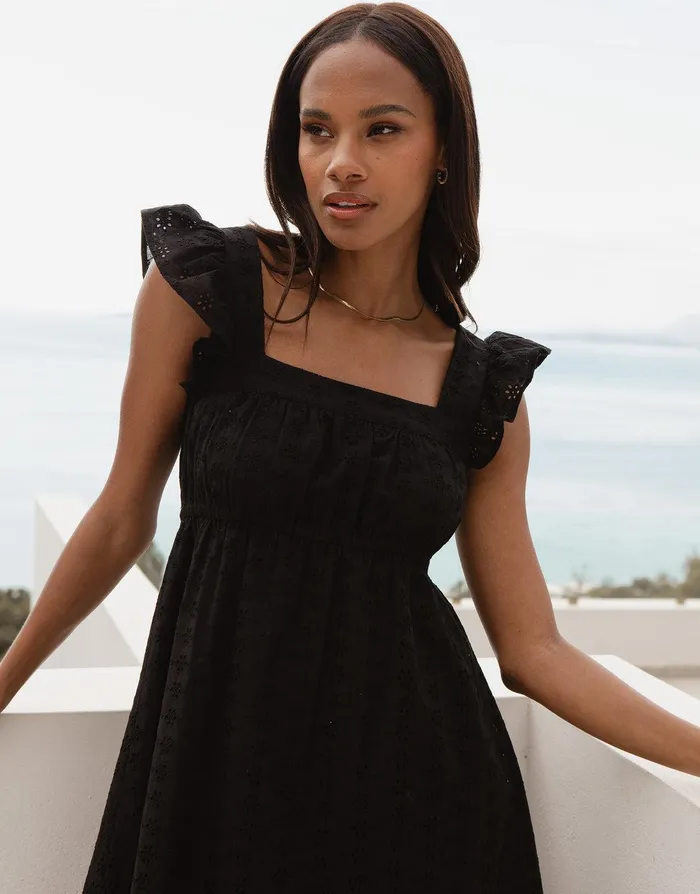 Women Black Broderie Anglaise Frill Sleeve Tiered Midi Smock Dress Black Threadbare Dresses Women Black Broderie Anglaise Frill Sleeve Tiered Midi Smock Dress Black Threadbare Dresses