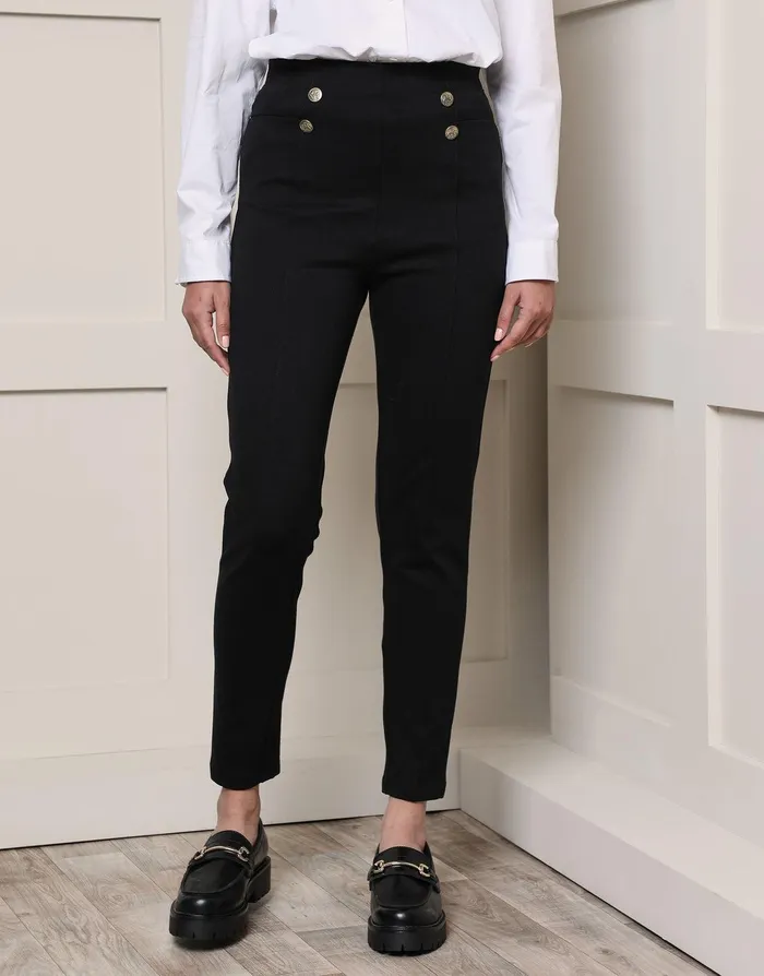 Women Black Button Detail Slim Fit Stretch Ponte Trousers Black Threadbare Trousers