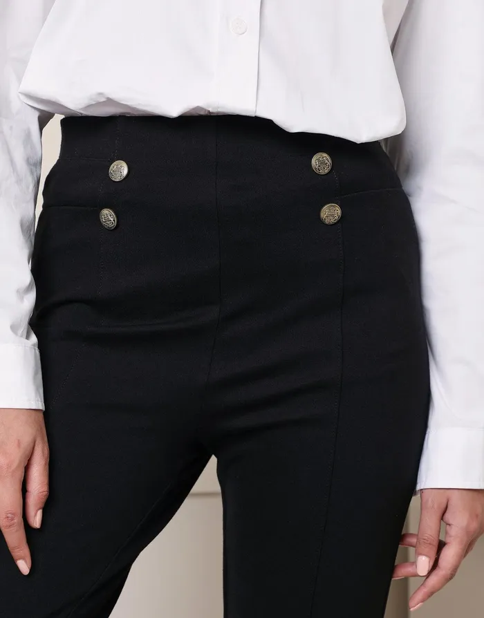 Women Black Button Detail Slim Fit Stretch Ponte Trousers Black Threadbare Trousers