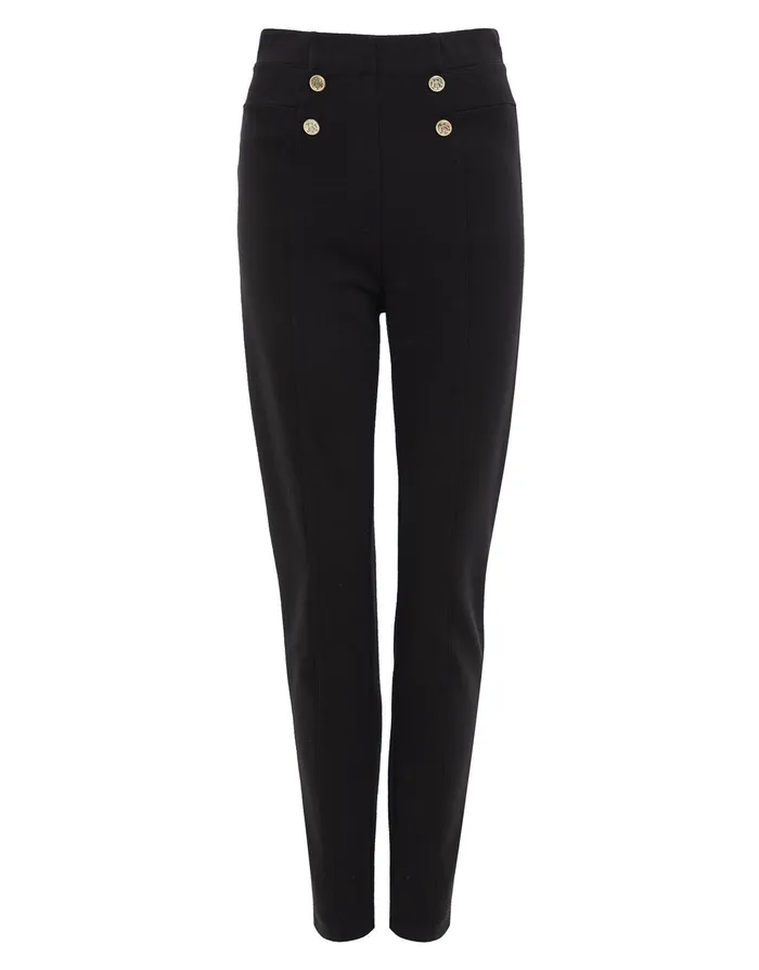 Women Black Button Detail Slim Fit Stretch Ponte Trousers Black Threadbare Trousers
