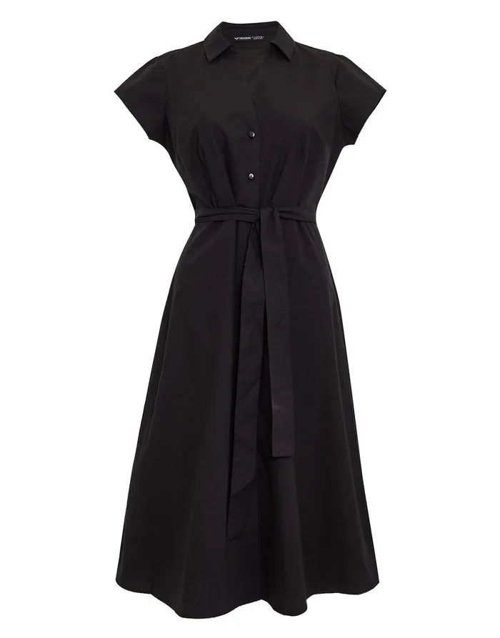 Women Black Cotton Poplin V Neck Open Collar Shirt Dress With Tie Belt Black Threadbare Dresses Women Black Cotton Poplin V Neck Open Collar Shirt Dress With Tie Belt Black Threadbare Dresses