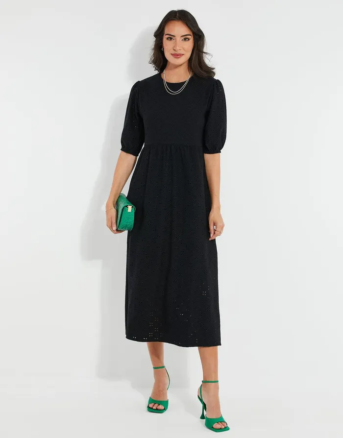 Women Black Jersey Broderie Anglaise Dress Black Threadbare Dresses