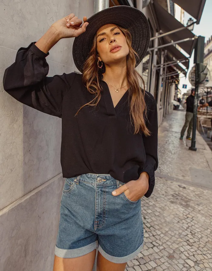 Women Black Long Sleeve V Neck Collarless Blouse Black Threadbare Blouses and Shirts Women Black Long Sleeve V Neck Collarless Blouse Black Threadbare Blouses and Shirts