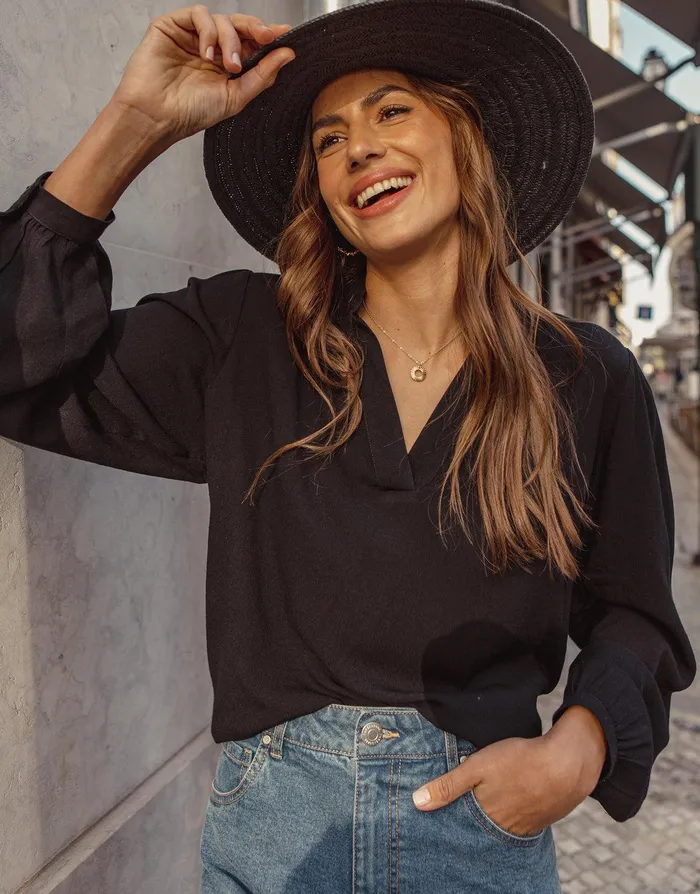 Women Black Long Sleeve V Neck Collarless Blouse Black Threadbare Blouses and Shirts Women Black Long Sleeve V Neck Collarless Blouse Black Threadbare Blouses and Shirts