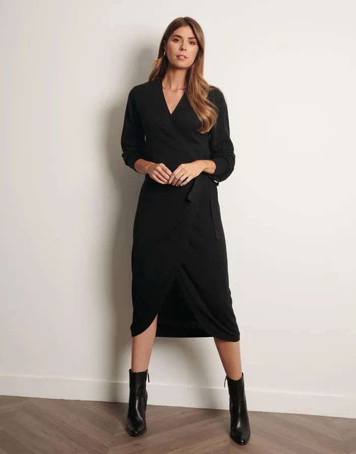 Women Black Midi Wrap Dress Black Threadbare Dresses