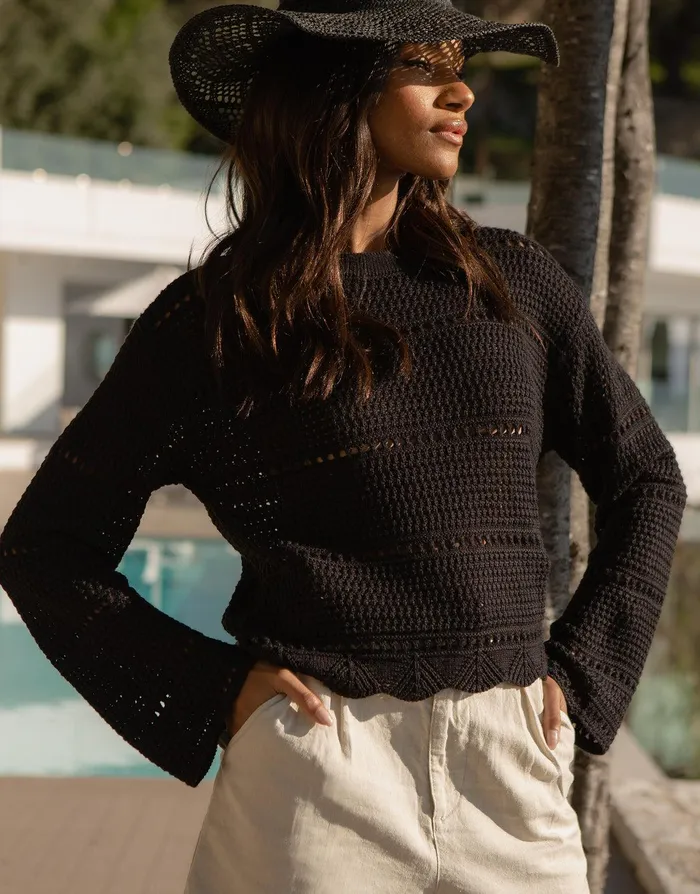 Women Black Pointelle Crochet Jumper Black Threadbare Tops