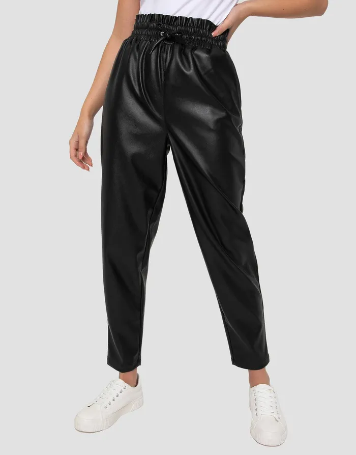 Women Black PU Leather Joggers Black Threadbare Trousers