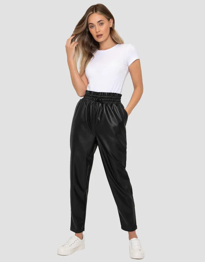 Women Black PU Leather Joggers Black Threadbare Trousers Women Black PU Leather Joggers Black Threadbare Trousers