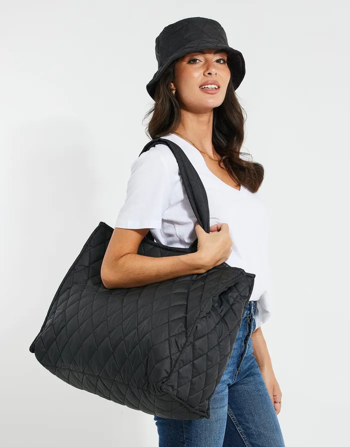 Women Black Quilted Bag and Bucket Hat 2Piece Set Black Threadbare Accessories Women Black Quilted Bag and Bucket Hat 2Piece Set Black Threadbare Accessories