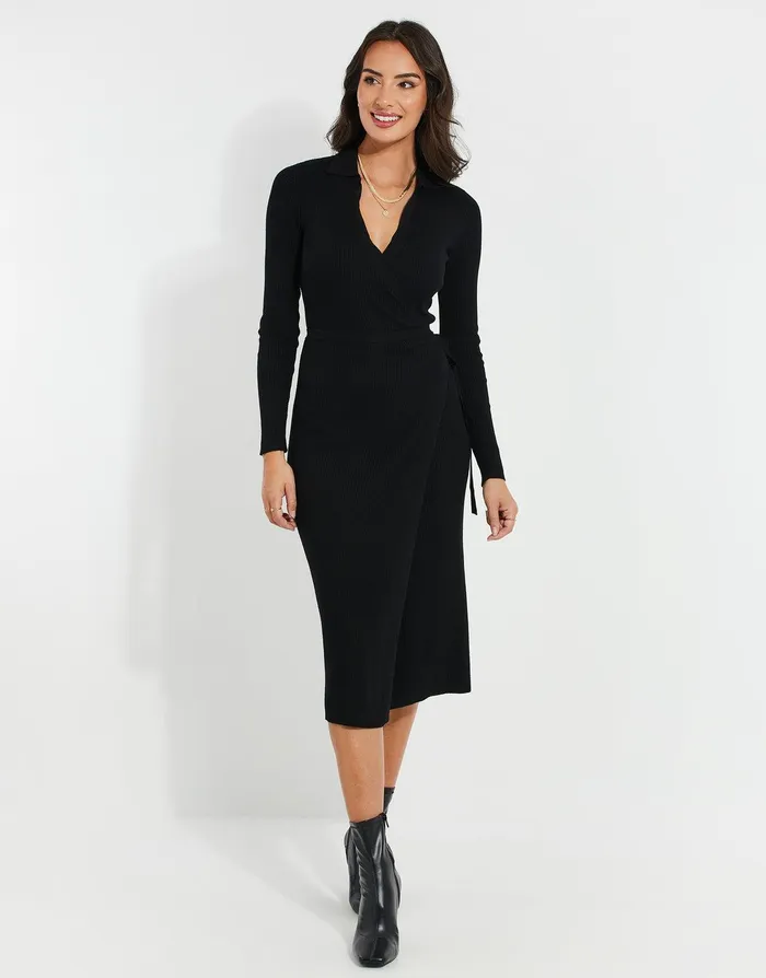 Women Black Ribbed Wrap Tie Dress Black Threadbare Dresses Women Black Ribbed Wrap Tie Dress Black Threadbare Dresses