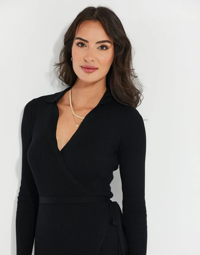 Women Black Ribbed Wrap Tie Dress Black Threadbare Dresses Women Black Ribbed Wrap Tie Dress Black Threadbare Dresses
