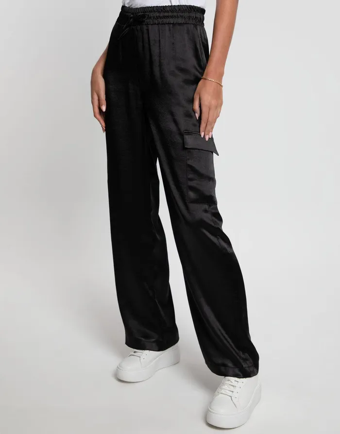 Women Black Satin Utility Cargo Pocket Combat Trousers Black Threadbare Trousers