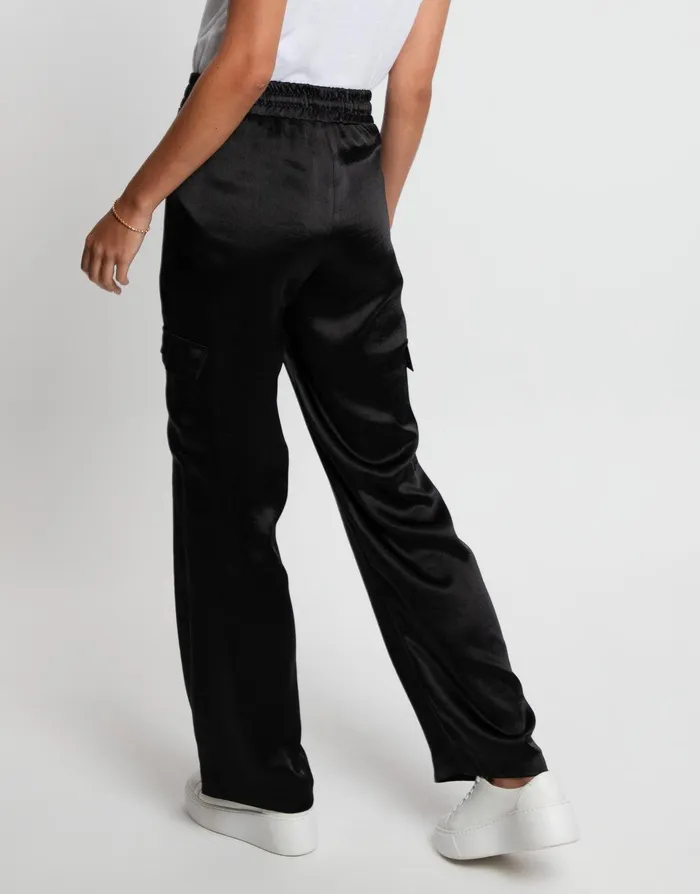 Women Black Satin Utility Cargo Pocket Combat Trousers Black Threadbare Trousers Women Black Satin Utility Cargo Pocket Combat Trousers Black Threadbare Trousers
